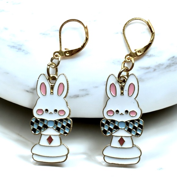 Bunny Rabbit Chess Earrings White, Blue & Gold Accents Alice in Wonderland theme - Picture 2 of 3
